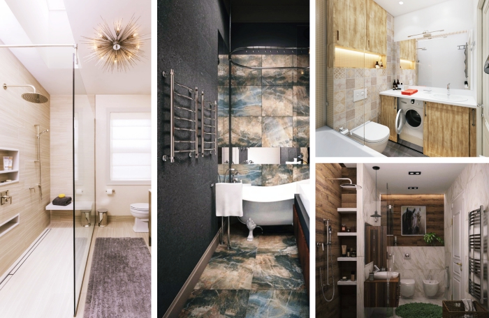 modèle de salle de bain 6m2 aménagée avec meuble de rangement vertical ou niches, exemple de salle de bain foncée au mur gris anthracite avec carrelage beige et gris