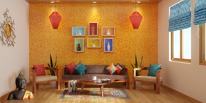 salon de style ethnique aux murs blanc et orange, idée meuble rangement mural avec petites étagères colorées