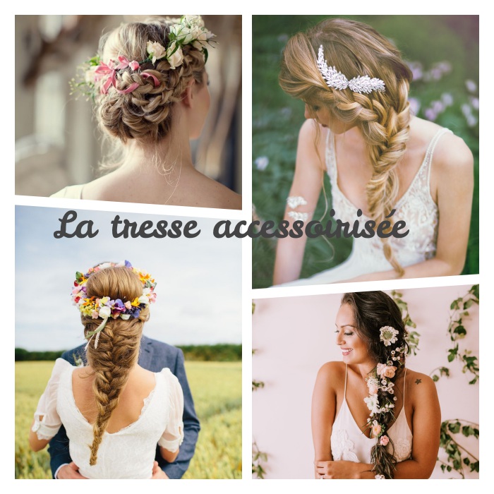 modèle-de-tresse-accessoirisé-coiffure-tresse-mariage-avec-bijou-fleurs-couronne-de-fleurs comment faire une tresse accessoirisé de petit bijou, couronne de fleurs ou de petites fleurs mêlées dans les cheveux