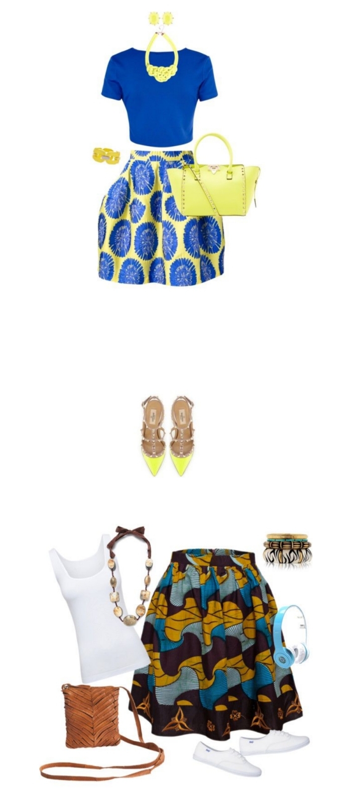 deux façons de porter la jupe en pagne wax, vision décontractée en jupe ethnique chic, top blanc et baskets, look élégant en jupe ethnique africaine et sandales plates à bout pointu, les tissus africains et leurs motifs tendances