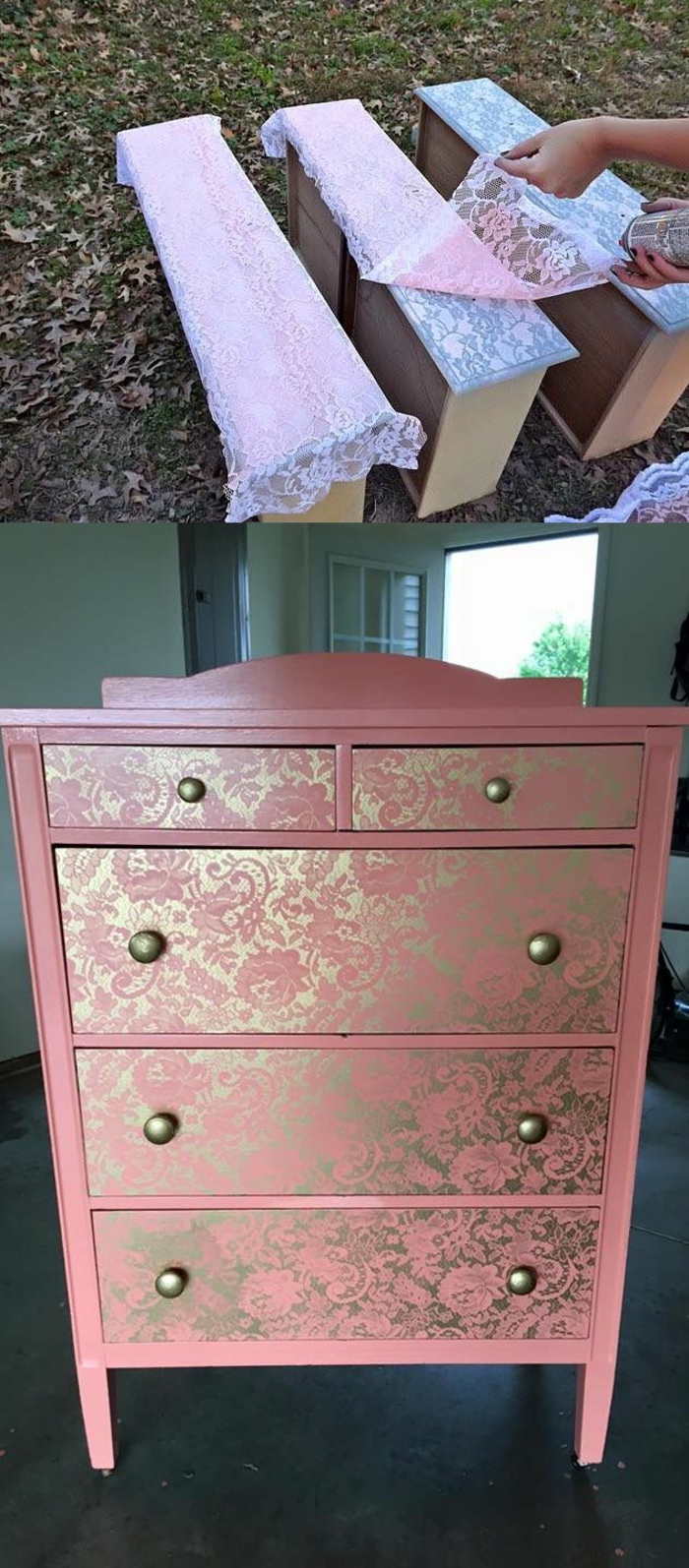 un meuble en bois coloré en rose, avec de la dentelle blanche pour obtenir des effets glamour sur le bois, renover meuble bois de manière très économique 