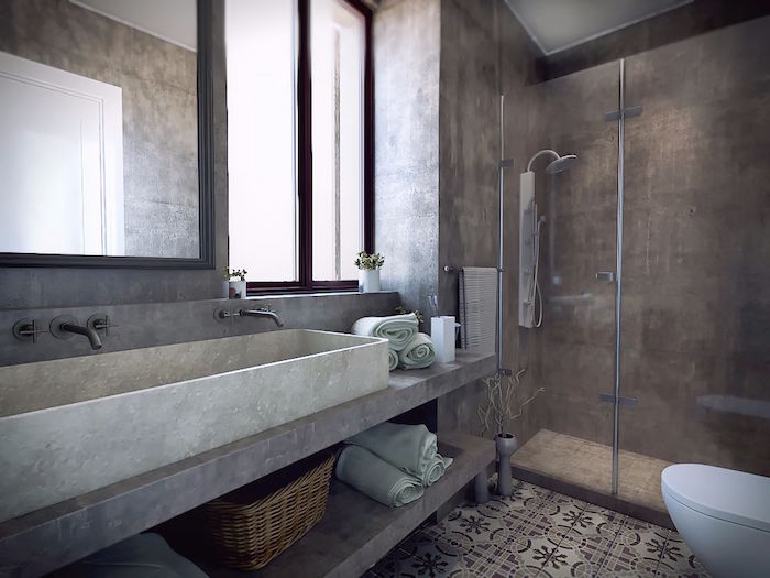 mur de douche italienne et meuble lavabo en beton ciré resinence avec vasque en ciment