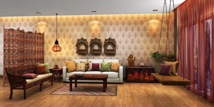 idée comment décorer un salon traditionnel avec meubles de bois foncé et plafond suspendu, modèle de balançoire ethnique 
