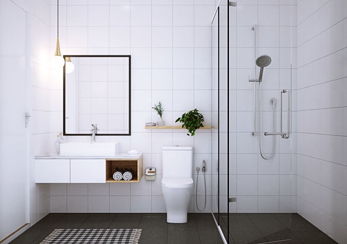 salle de bain italienne photos inspirants pour aménagement espace limité en couleurs neutres, exemple de pièce humide en carrelage blanc