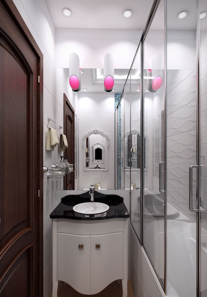 exemple aménagement petite salle de bain avec cabine de douche au plafond blanc et carrelage blanc avec éclairage miroir