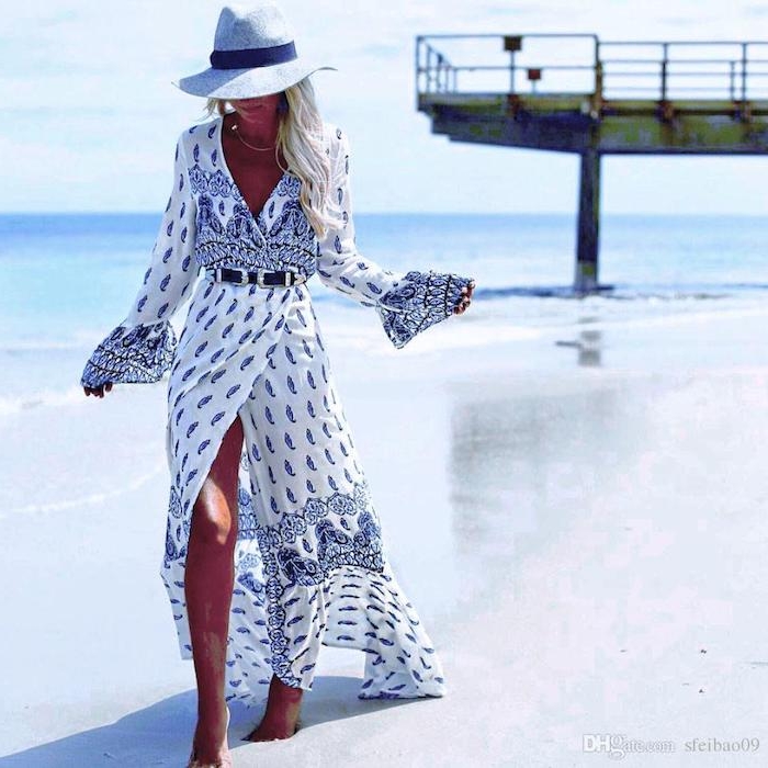 Vacances au bord de la mer photo femme longue robe fendue style champetre chic tenue robe style champetre pour toute occasion robe fleurie
