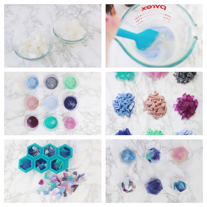 bricolage facile pour fabrication du savon en base blanche avec colorants, figures hexagonales avec des morceaux de savon colorés
