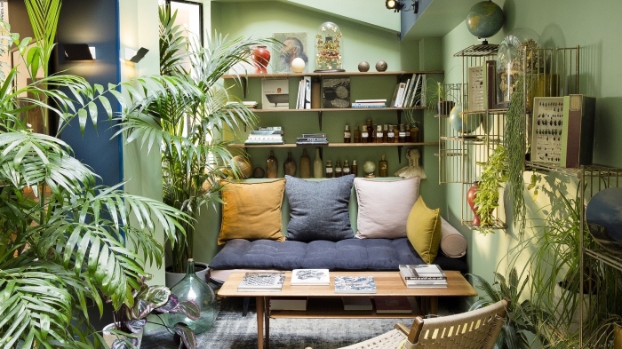 idée pour une deco ethnique dans un petit salon aux murs verts avec plantes vertes, modèle de canapé bas couvert de coussins