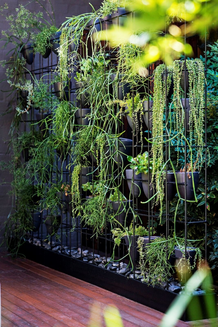 un mur végétal d'extérieur aménagée dans une structure en grille métallique avec espace pour des pots, idéal pour créer une ambiance relaxante dans un petit jardin