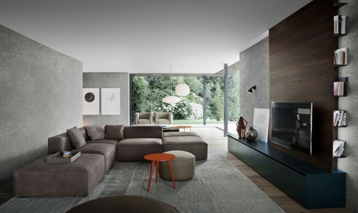 salon couleur gris, canapé modulable, meuble de tv minimaliste, baie vitrée