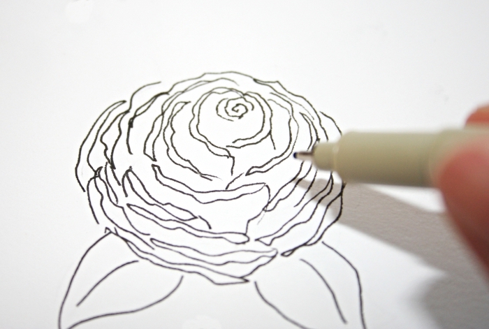idée comment faire une rose facile blanc et noir, modèle de dessin facile à reproduire, exemple rose ouverte avec feuilles