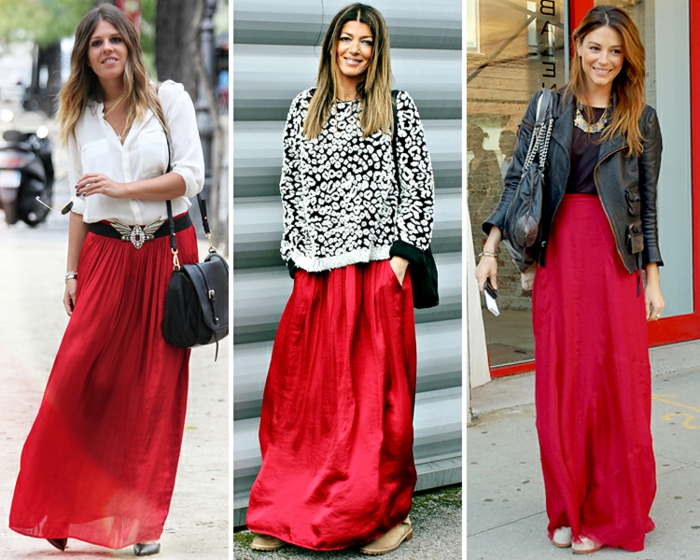 comment porter la jupe longue d'été, jupe fluide rouge, chemise ou veste rockeuse
