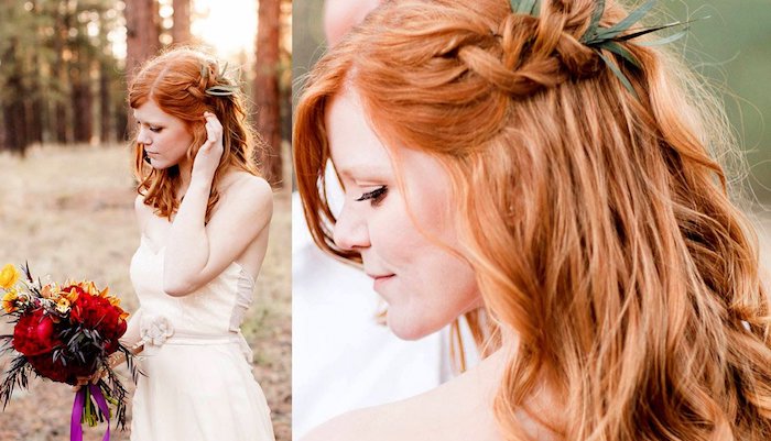 tresse-coté-mariage-sur-cheveux-roux-cheveux-lachés-ondulés-style-décoiffé-avec-des-feuillages Coiffure mariage avec tresse – laquelle choisir pour briller le jour J