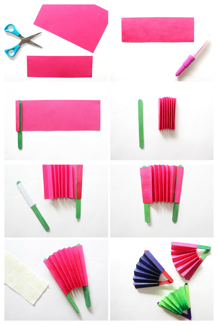 comment faire un éventail en papier rose, batonnets de glace décorés de peinture verte, tuto activité manuelle primaire