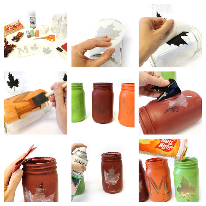 activité manuelle automne, pots en verre repeints de peinture acrylique ou à la craie avec motif feuille morte ou lettre