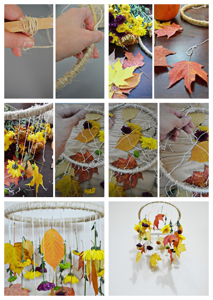 quelle idée d activité manuelle automne, suspension en cerceau avec des feuilles mortes et fleurs suspendus sur fils
