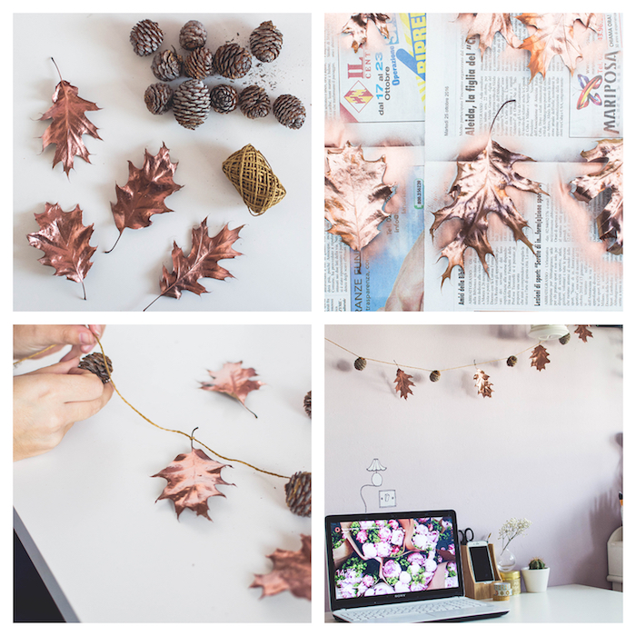 idée d activité manuelle automne, guirlande de feuilles repeintes en peinture couleur cuivre et pommes de pin