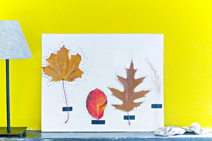 creation deco land art avec des feuilles mortes collées sur un bout de papier blanc et des contours 