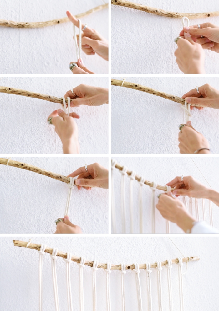 comment faire un noeud macramé, exemple de suspension murale réalisée avec bâton de bois et noeuds d'alouette macramé