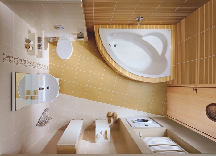 comment aménager une salle de bain 3m2 avec petite baignoire d'angle, rangement accessoire de bain au bord de la baignoire