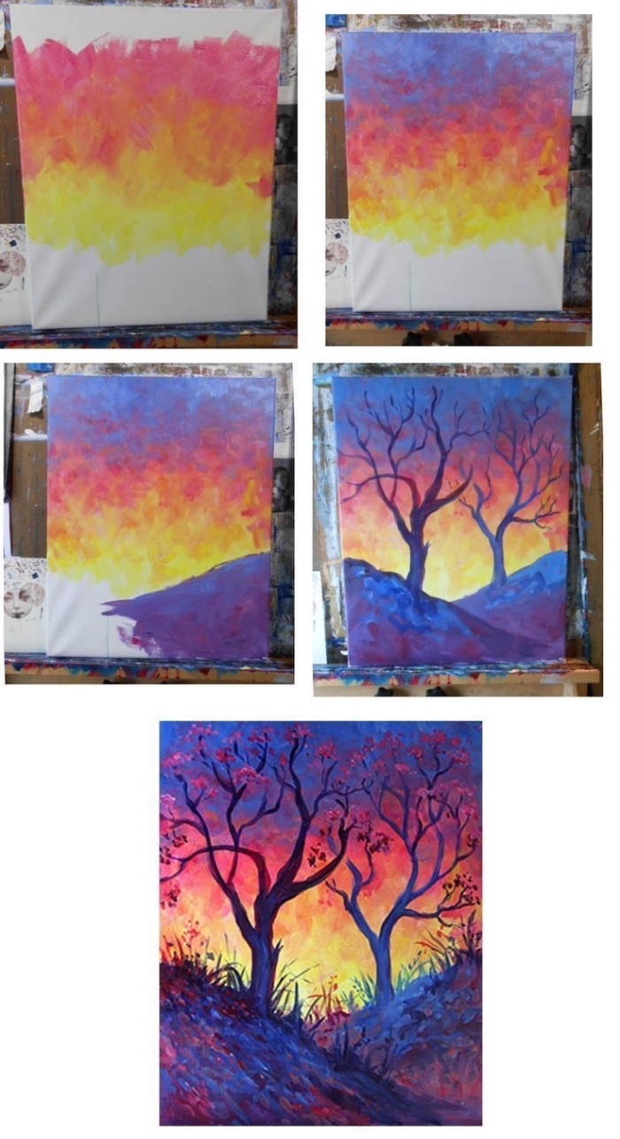 paysage aquarelle naturel représentant un arbre et un joli ciel au coucher de soleil