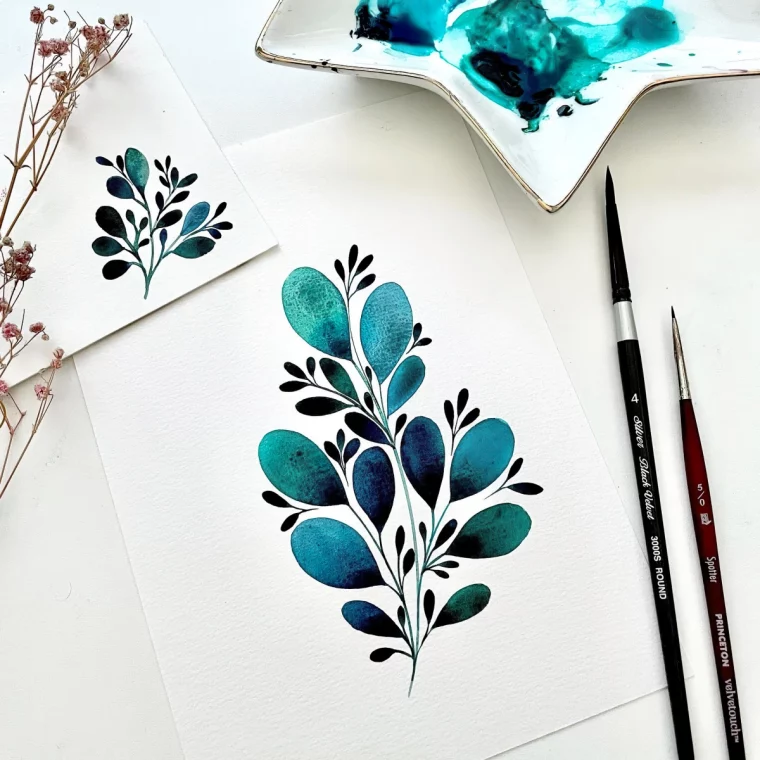 aquarelle modele tiges feuilles bleu noir pinceaux papier