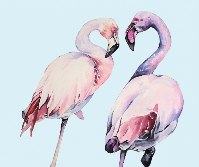 dessin aquarelle de deux flamants rose sur un fond bleu pastel, technique de peinture à l'aquarelle pour mélanger les couleurs et créer des nuances douces du rose et violet