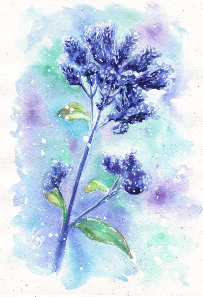 peinture aquarelle florale aux nuances de bleu, vert et violet, jolie fusion des couleurs aquarelles avec des espaces vides blancs