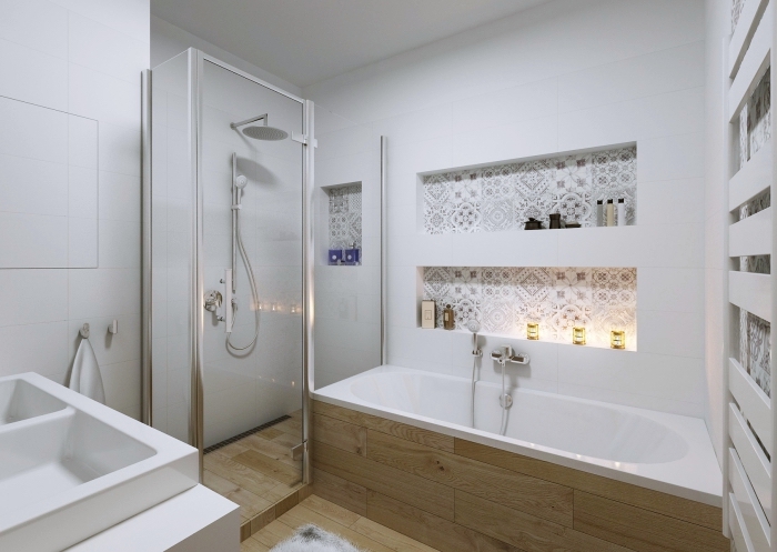 modèle de salle de bain douche et baignoire aux murs blancs avec carrelage design bois, astuce rangement gain place avec niches murales