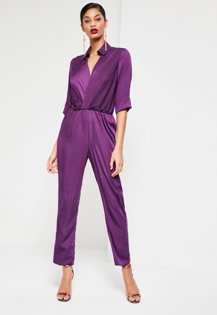 couleurs tendance mode femme 2018, idée comment s'habiller pour assister à un mariage, modèle de combinaison violet chic