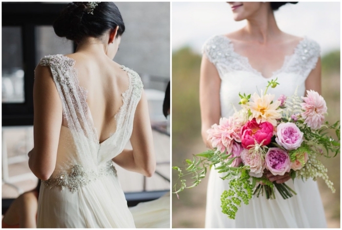 une robe de mariée dos nus romantique en matières légères et fluides aux bretelles transparentes ornées de fil brodé