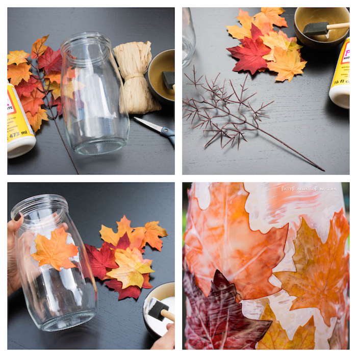 idée comment réaliser un bricolage automne découpage sur bocal en verre décoré de feuilles mortes jaunes, oranges et rouges