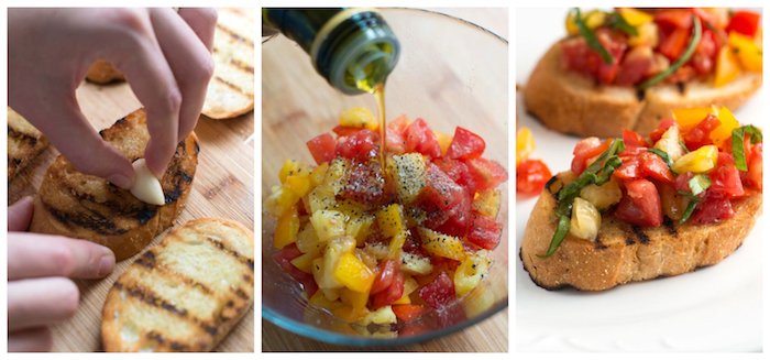recette bruschetta facile, tranches de baguette grillée à l ail avec des tomates au huile d olive, poivre et sel