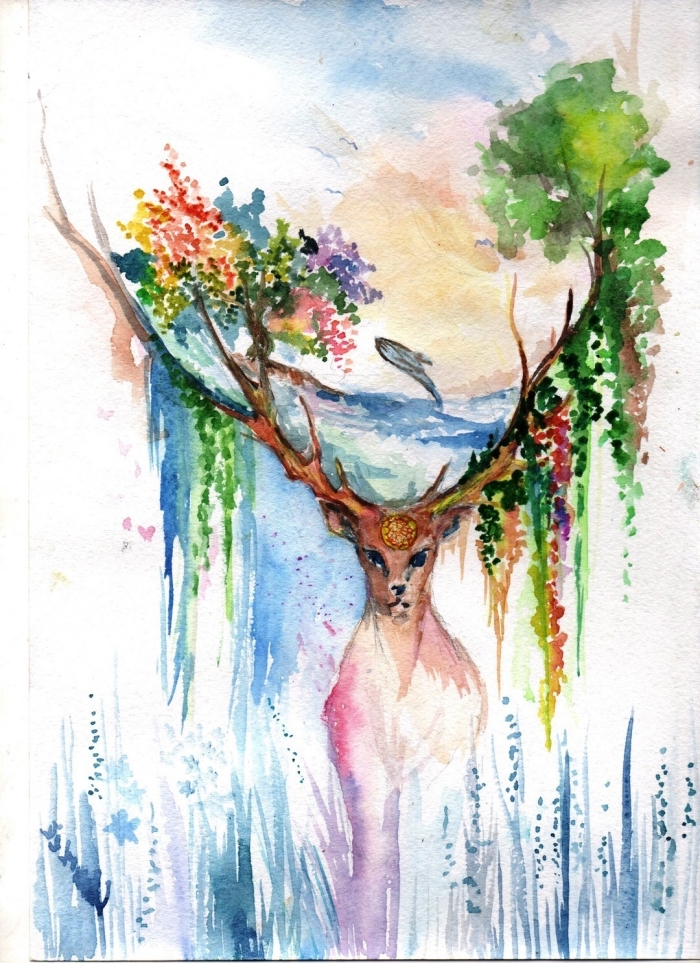 peinture facile abstraite représentant un cerf aux cornes fleuries, art aquarelle original utilisant plusieurs techniques de couleur