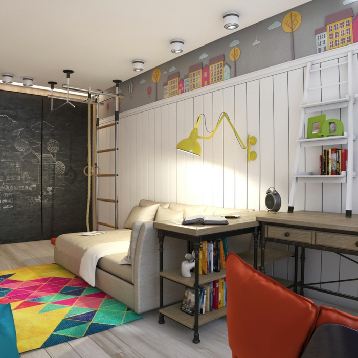 chambre gris et blanc, sol en planches, tapis multicolore, lambris bois, dessins muraux, applique jaune industrielle