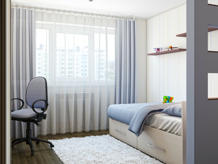peinture chambre garçon, lit avec rangement, tapis blanc moelleux, rideau transparent, étagères minimalistes