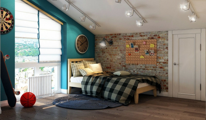 deco murale pour chambre garcon ado, mur bleu, tapis bleu, mur briques, plafond en pente, sol en bois, chambre garcon ado