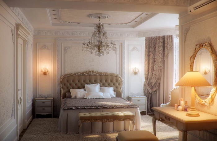 deco chambre parentale romantique, miroir baroque, lampe abat-jour, banquette de lit, tête de lit baroque