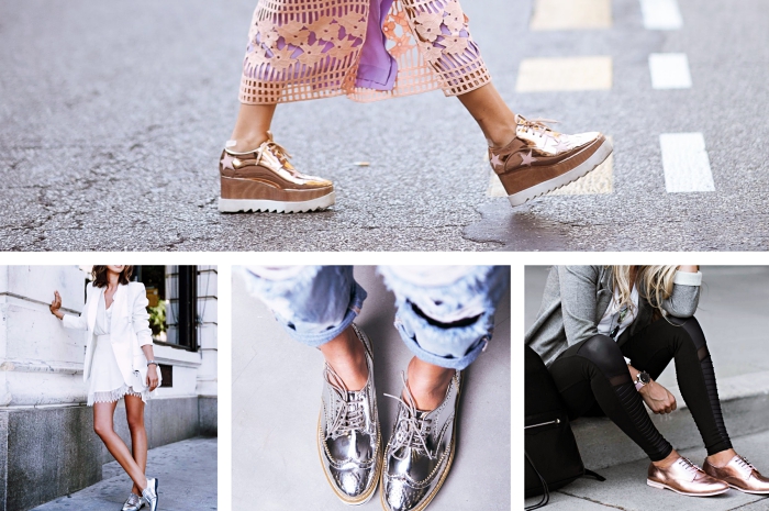 tenue avec derbies pour femme, modèle de chaussures plateformes derby de couleur rose gold de Stella Mccartney