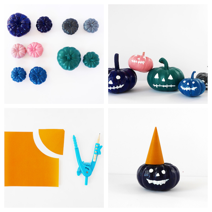exemple d activité manuelle halloween facile a faire, citrouilles colorées de couleurs variées avec motif jack o lantern traits de visage