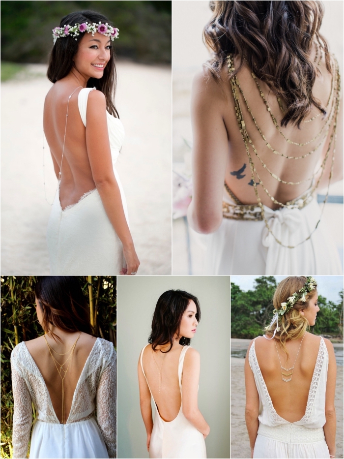 comment mettre en valeur une robe mariee dos nu, modèles de robes de mariée à décolleté dos accentué par un bijou de dos