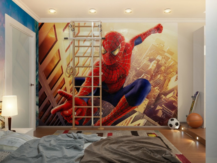comment décorer la chambre enfant garcon, poster mural spiderman, intérieur moderne