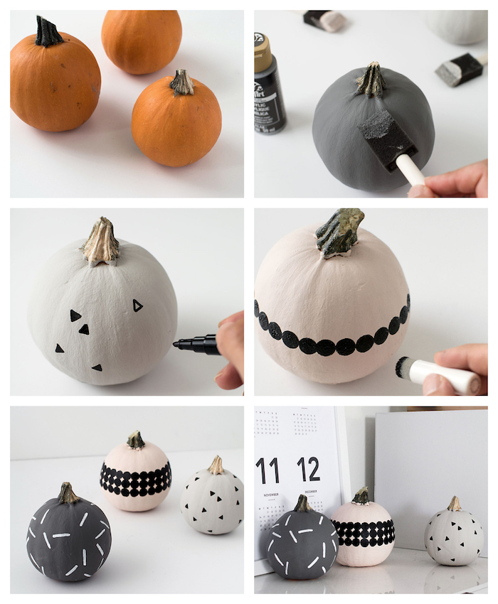 exemple d activité manuelle halloween, citrouilles repeinte de peinture acryliques grise, blanche et gris anthracite avec des motifs triangles, cercles et traits