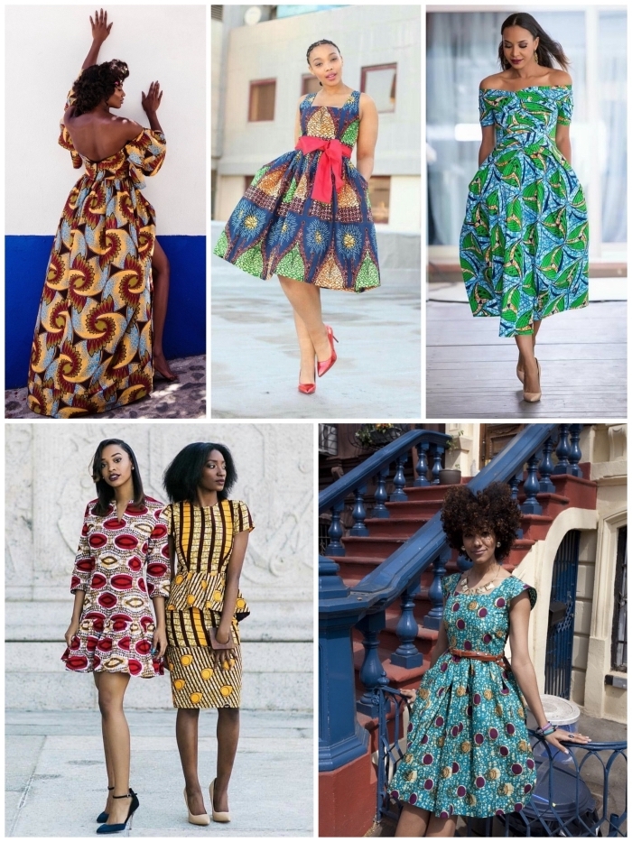 vetement africain femme pour un look chic et authentique, modèles de robes en tissu wax à motifs africains pétillants
