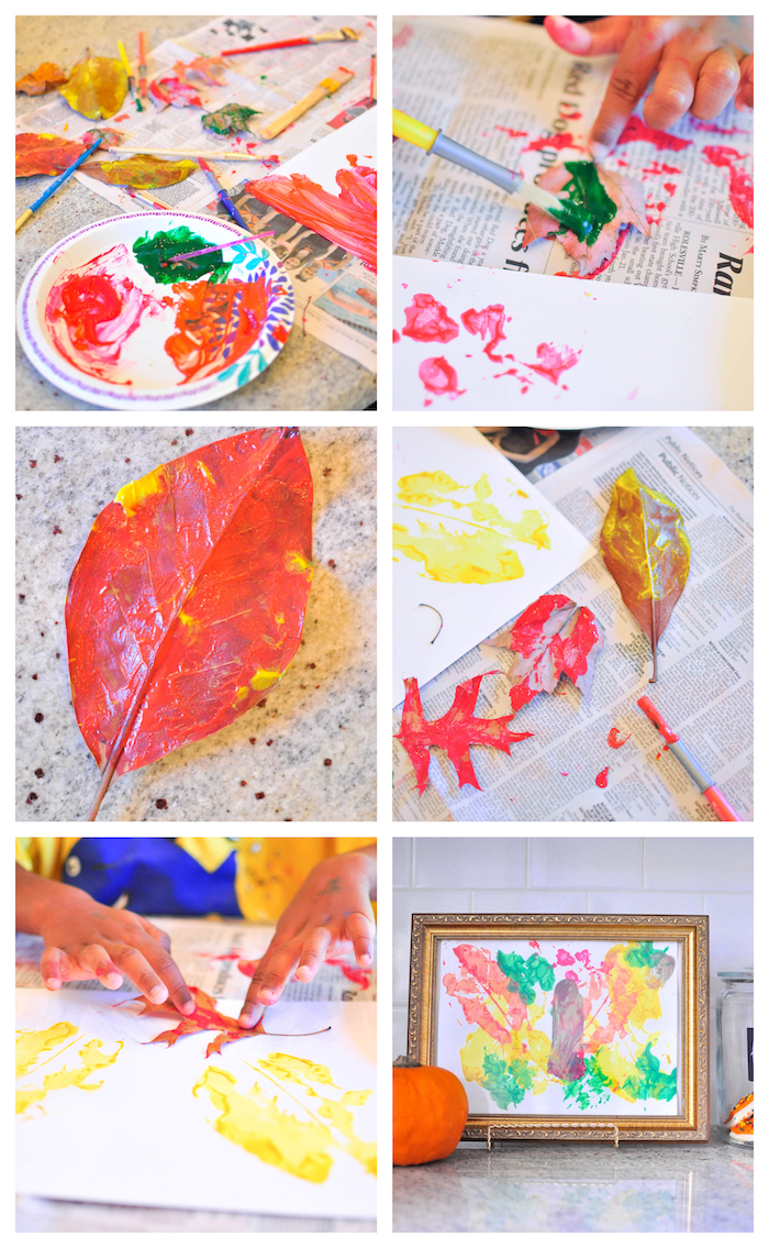 activité manuelle maternelle automne, dessin land art avec empreintes de feuilles mortes en peinture sur tableau