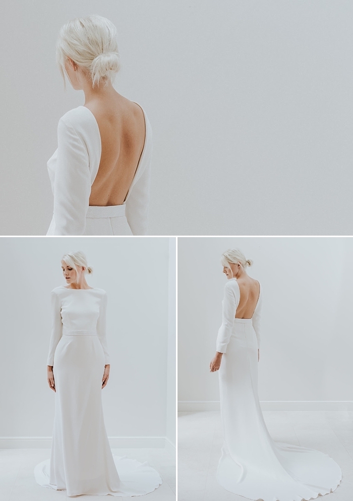 modèle de robe de mariée manche longue à décolleté dos carré pour une allure structurée moderne