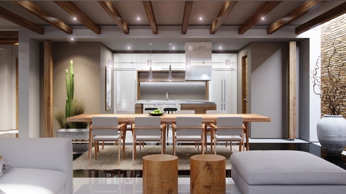style moderne dans un appartement avec cuisine ouverte, modèle de plafond moderne blanc avec poutre en bois et éclairage led