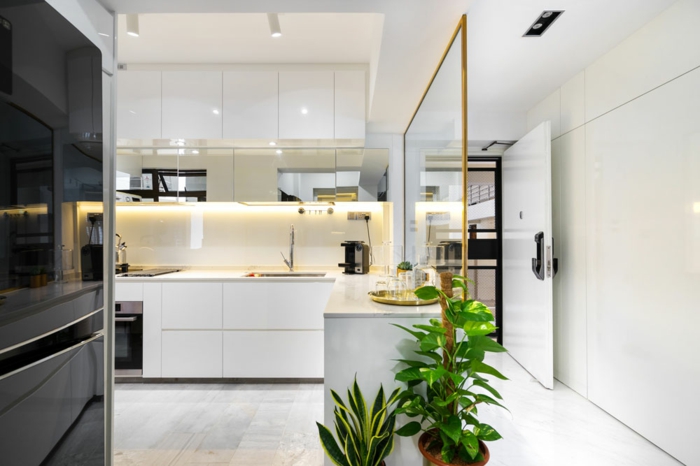 petite cuisine ouverte, ilot blanc, intérieur tout blanc, cloison en verre, espace au design scandinave