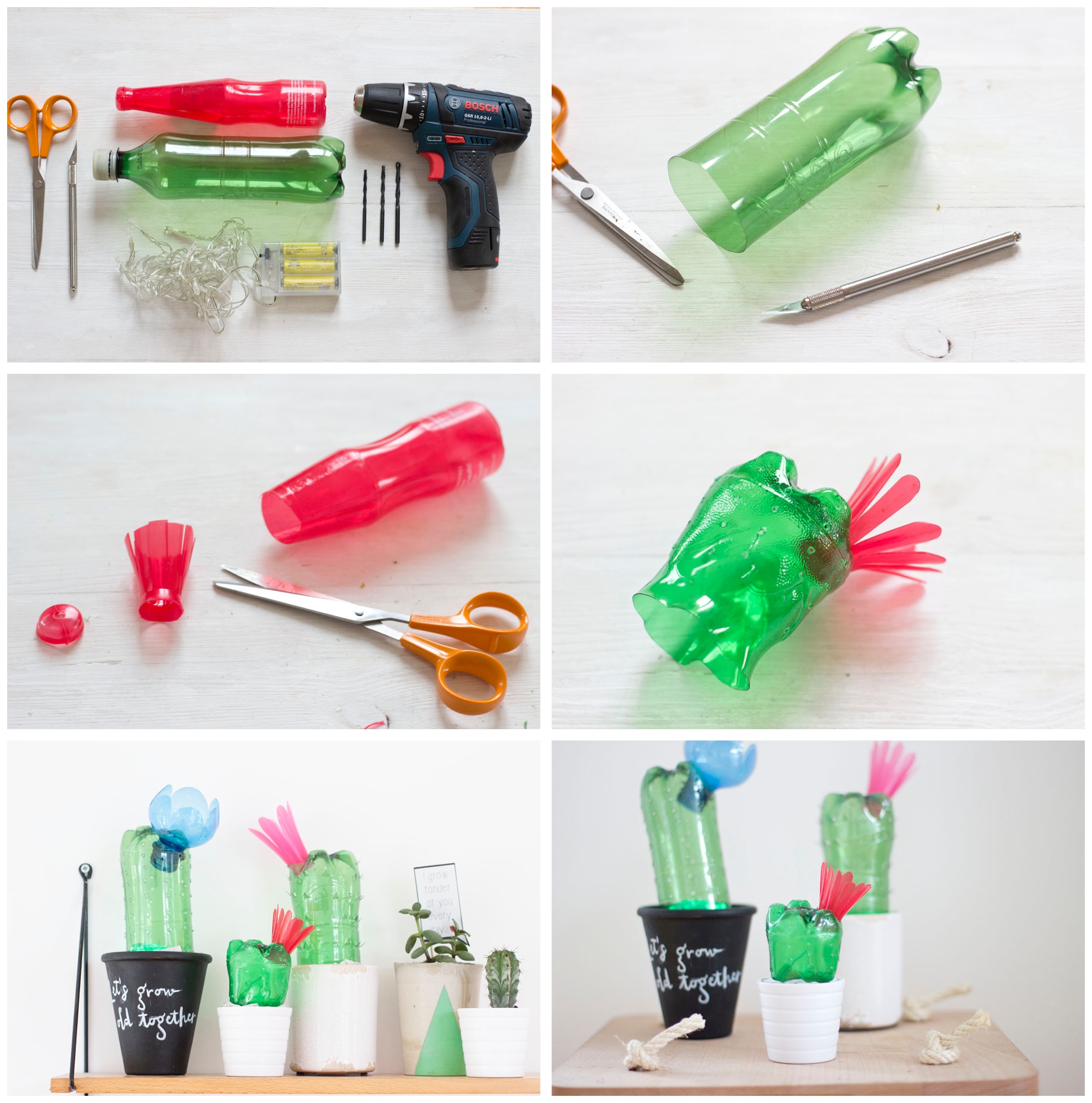bricolage facile avec objet recyclé, des cactus en bouteilles en plastique et leurs pots