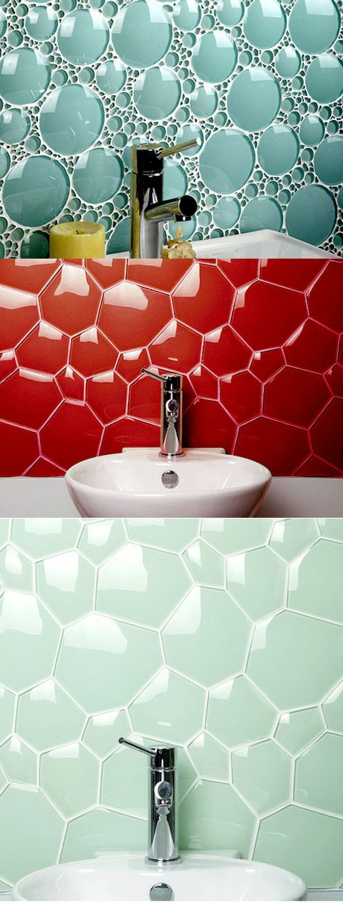 pinterest salle de bain, decoration petite salle de bain, modele carrelage salle de bain, idee salle de bain, carrelage vert pétrole, vert menthe et rouge 